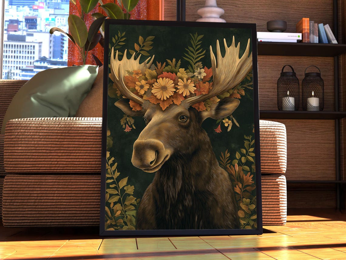 Moose Wearing Fall Flower Crown Autumn Botanical Portrait Poster