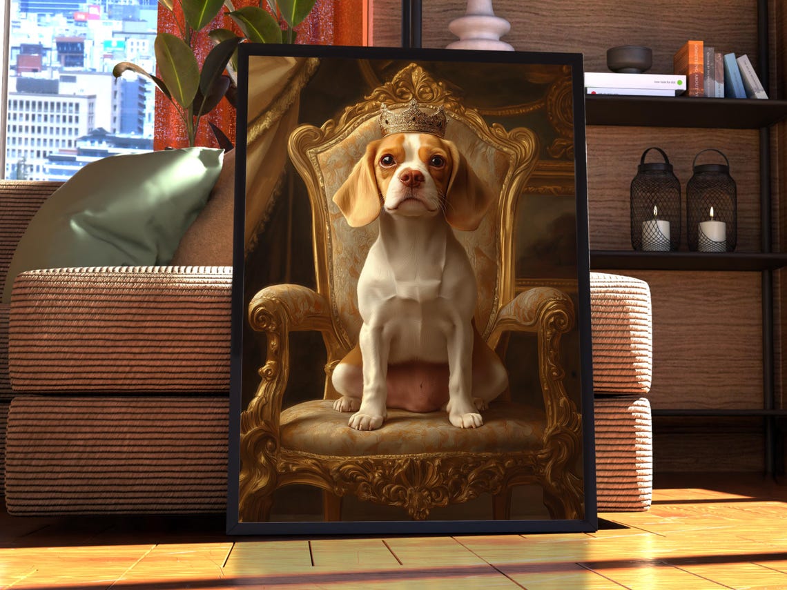 Beagle Puppy Royal Portrait Crown Golden Throne Cute Dog Poster
