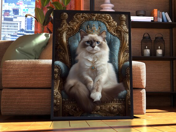 Royal Long Haired Cat in Gold Crown on Baroque Throne Animal Poster