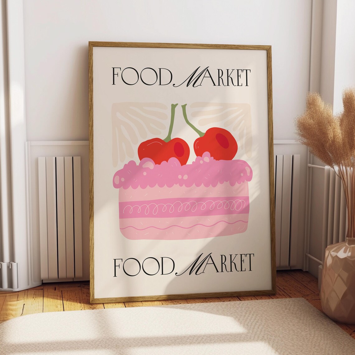 Pink Cherry Cake Food Market Sweet Bakery Dessert Illustration Poster