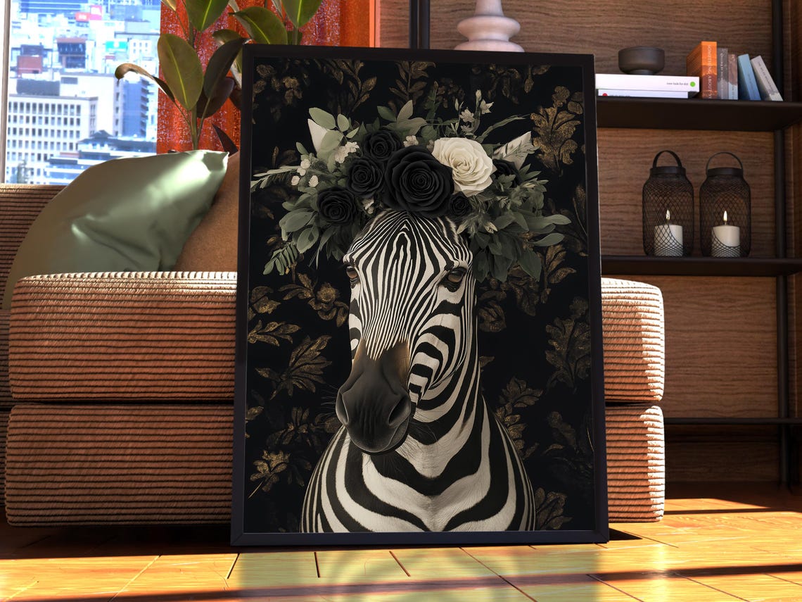Zebra Floral Crown Maximalist Animal Portrait Black Wall Art