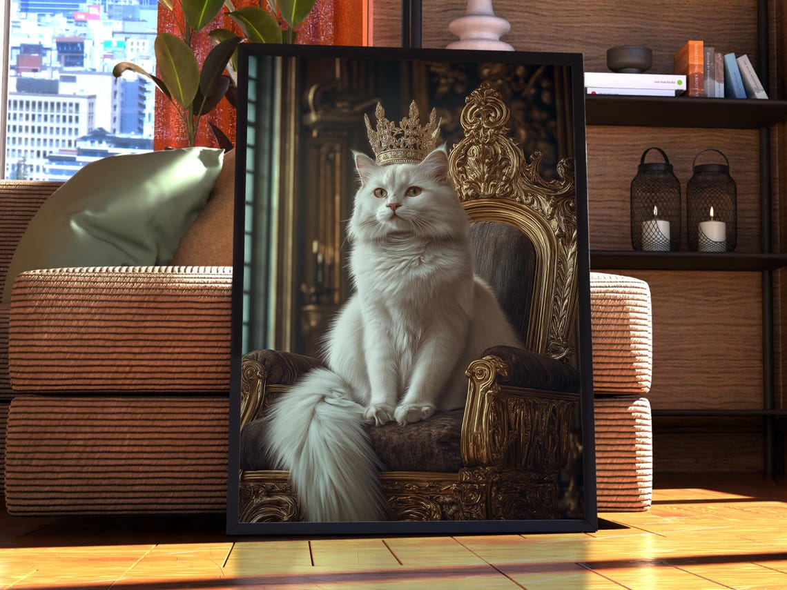 Crowned Fluffy White Cat on Royal Throne Funny Royal Cat Wall Art