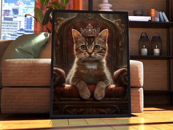 Brown Munchkin Cat Royal Portrait Crown Velvet Throne Cute Poster