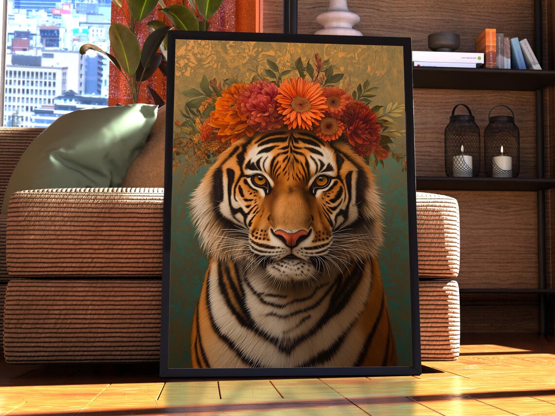 Maximalist Tiger Poster, Floral Vintage Animal Print