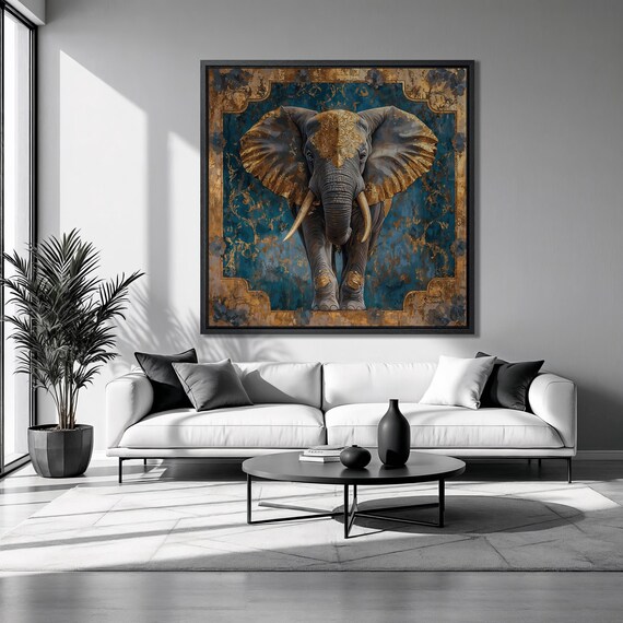Charging Elephant With Gold Ornate Teal Background Wildlife Poster
