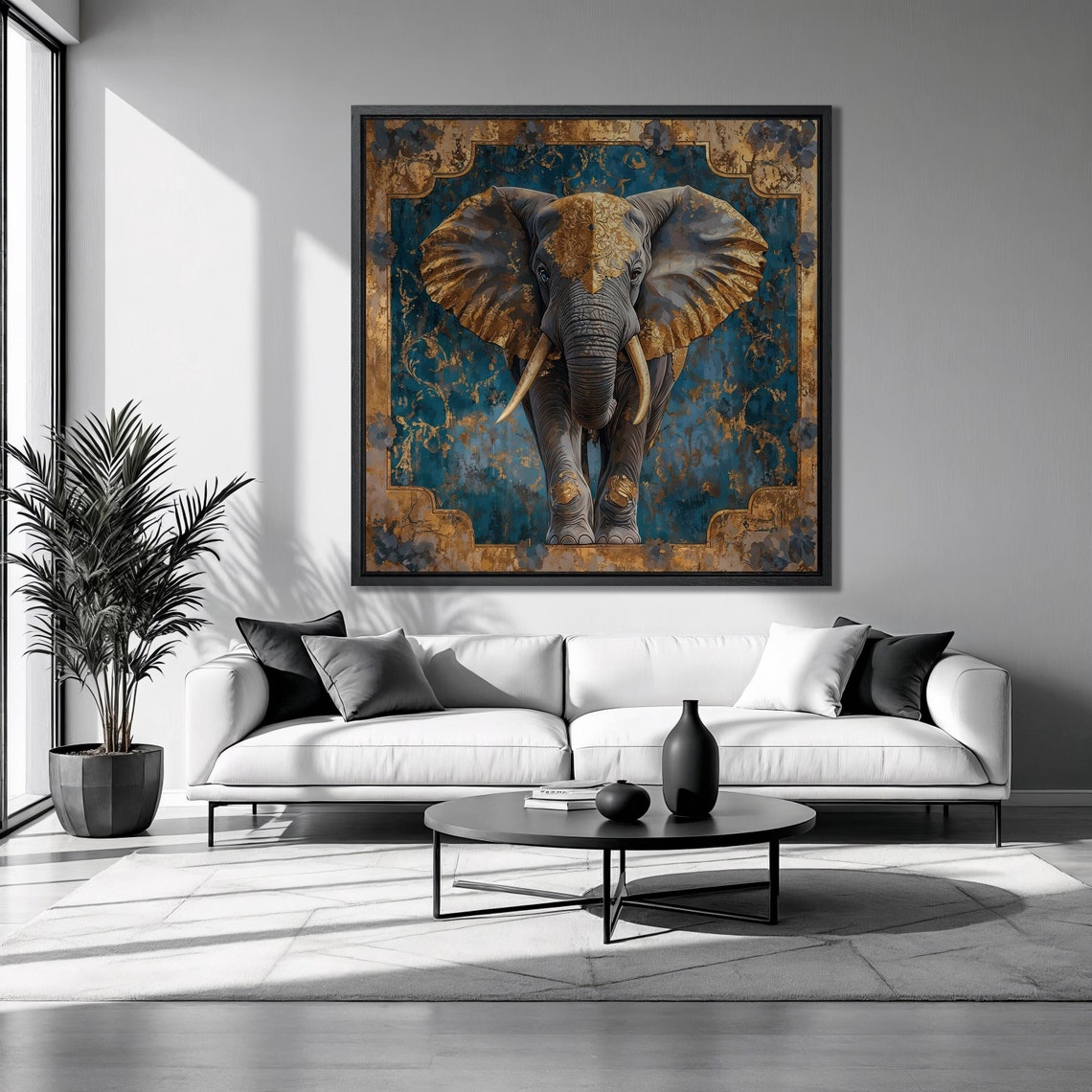 Charging Elephant With Gold Ornate Teal Background Wildlife Poster