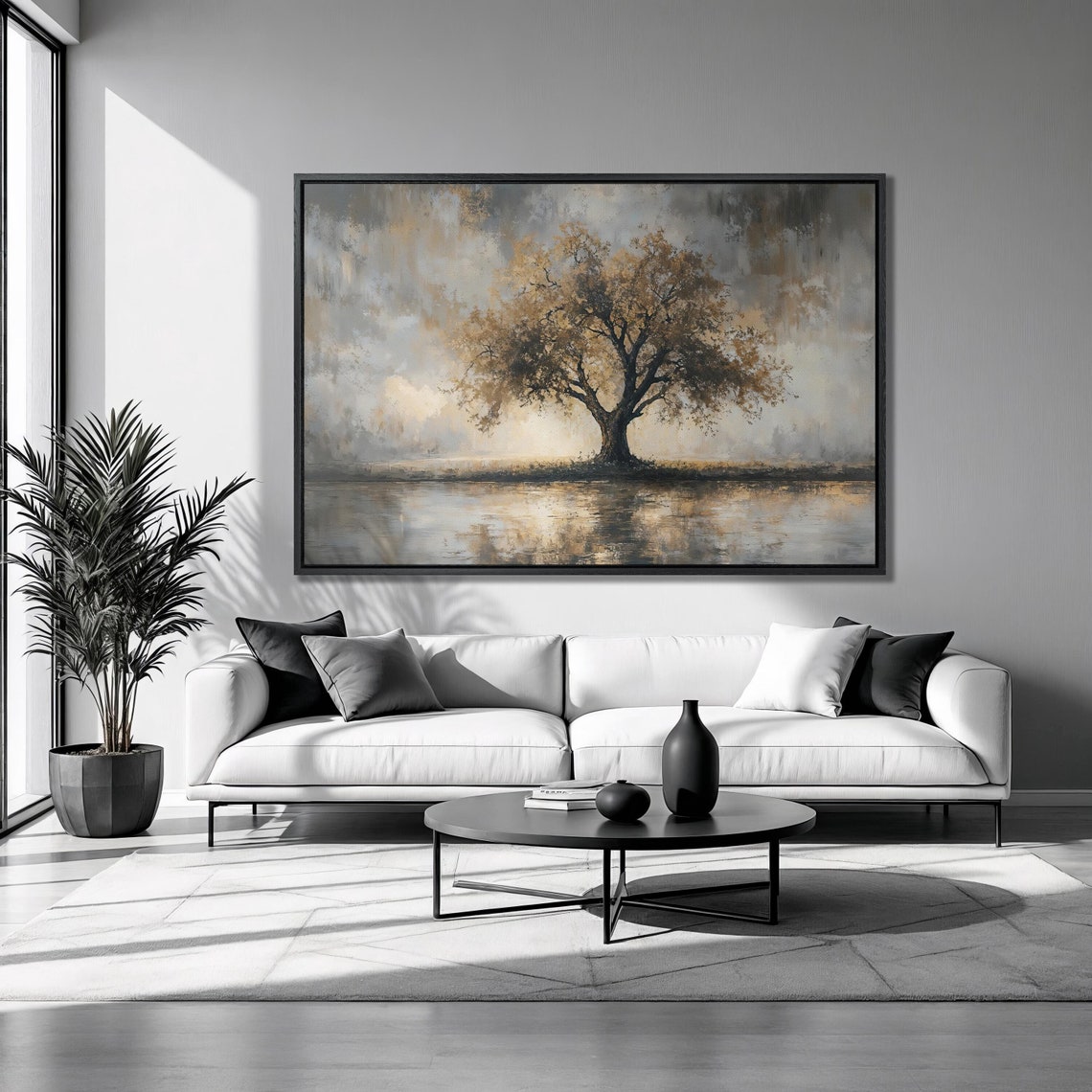 Mystic Oak Tree Gold Foliage Lake Mist Calm Nature Art Poster