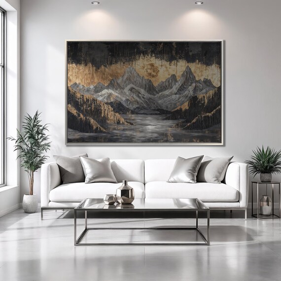 Dark Mountain Landscape Framed Print Golden Night Sky Luxury Art Full Moon Painting Print Black River Decor Gift Ready To Hang