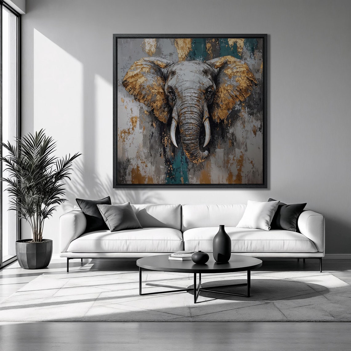 Elephant Head In Gold Gray And Teal Abstract Wildlife Wall Art