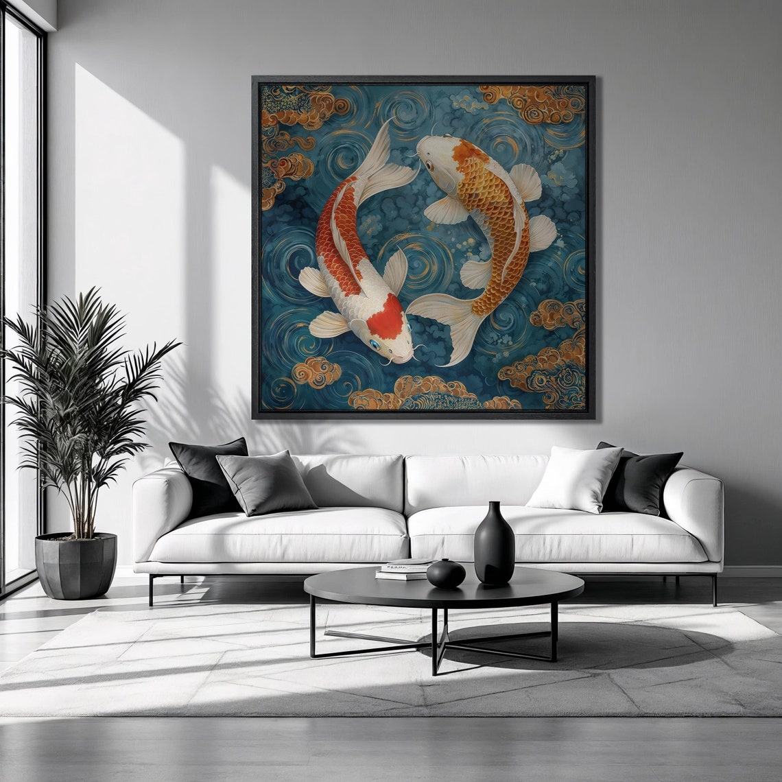 Yin Yang Koi Fish Pair On Teal With Gold Clouds Japanese Poster