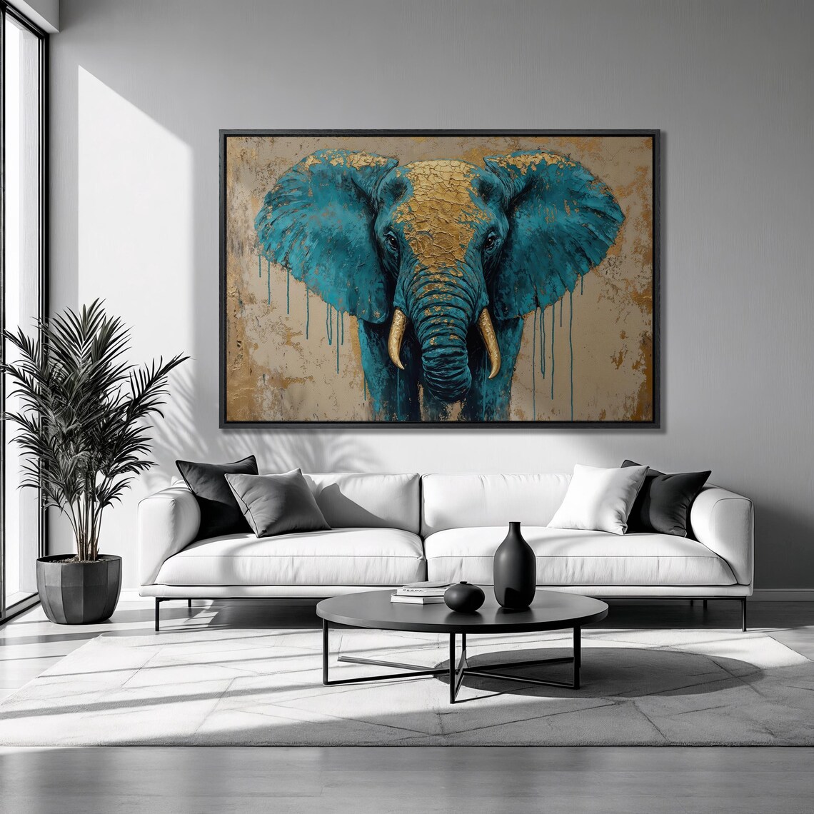 Turquoise Elephant Portrait Golden Tusks Crackle Texture Wildlife Wall Poster