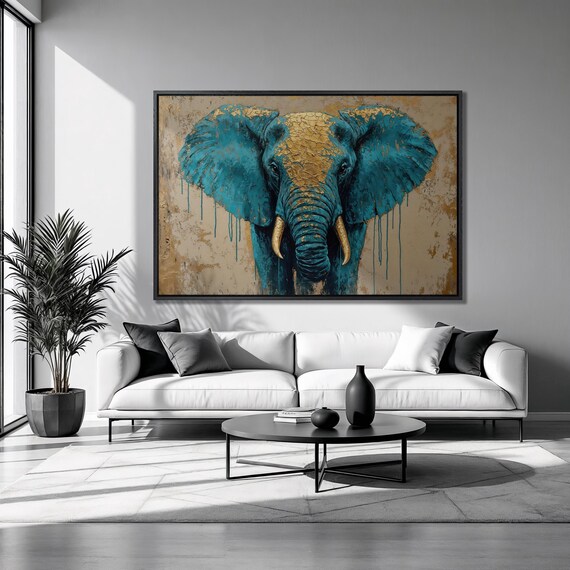 Turquoise Elephant Portrait Golden Tusks Crackle Texture Wildlife Wall Poster