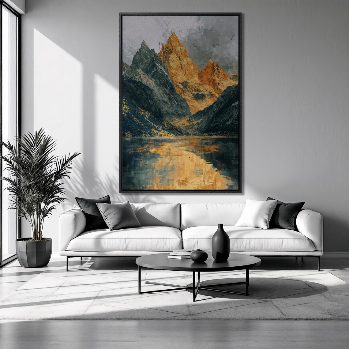 Golden Mountain Peaks Lake Reflection Amber Vertical Landscape Poster