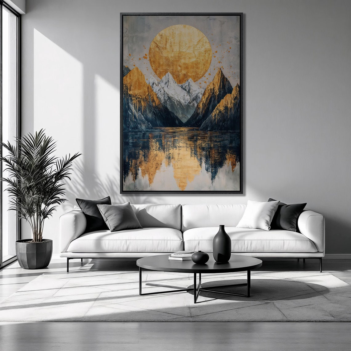 Golden Sun Mountain Lake Abstract Snowy Peaks Reflection Wall Poster