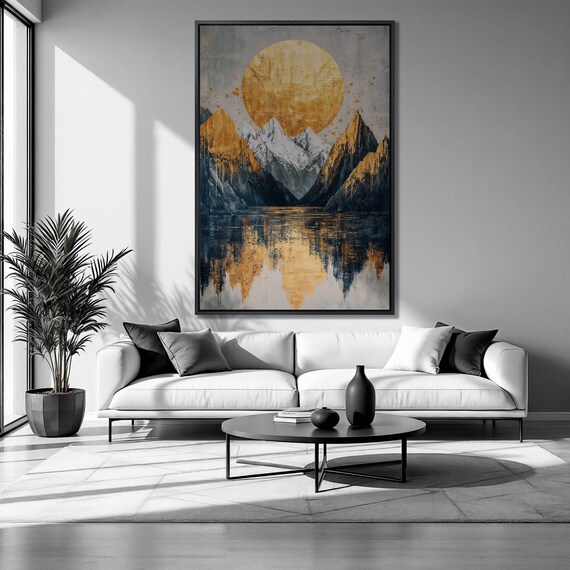 Mountain Lake Framed Print Golden Sun Luxury Art Abstract Gold And Gray Painting Print Contemporary Decor Gift Ready To Hang
