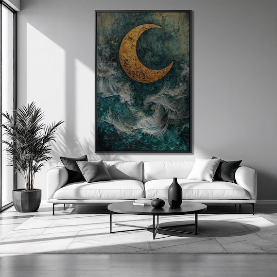 Golden Crescent Moon Teal Ocean Waves Celestial Nautical Wall Art