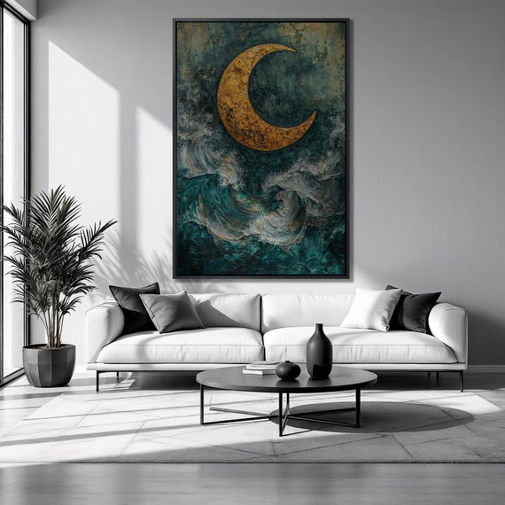 Mystical Crescent Moon Framed Print Ocean Waves Luxury Art Nautical Painting Print Celestial Poster Dreamy Decor Ready To Hang