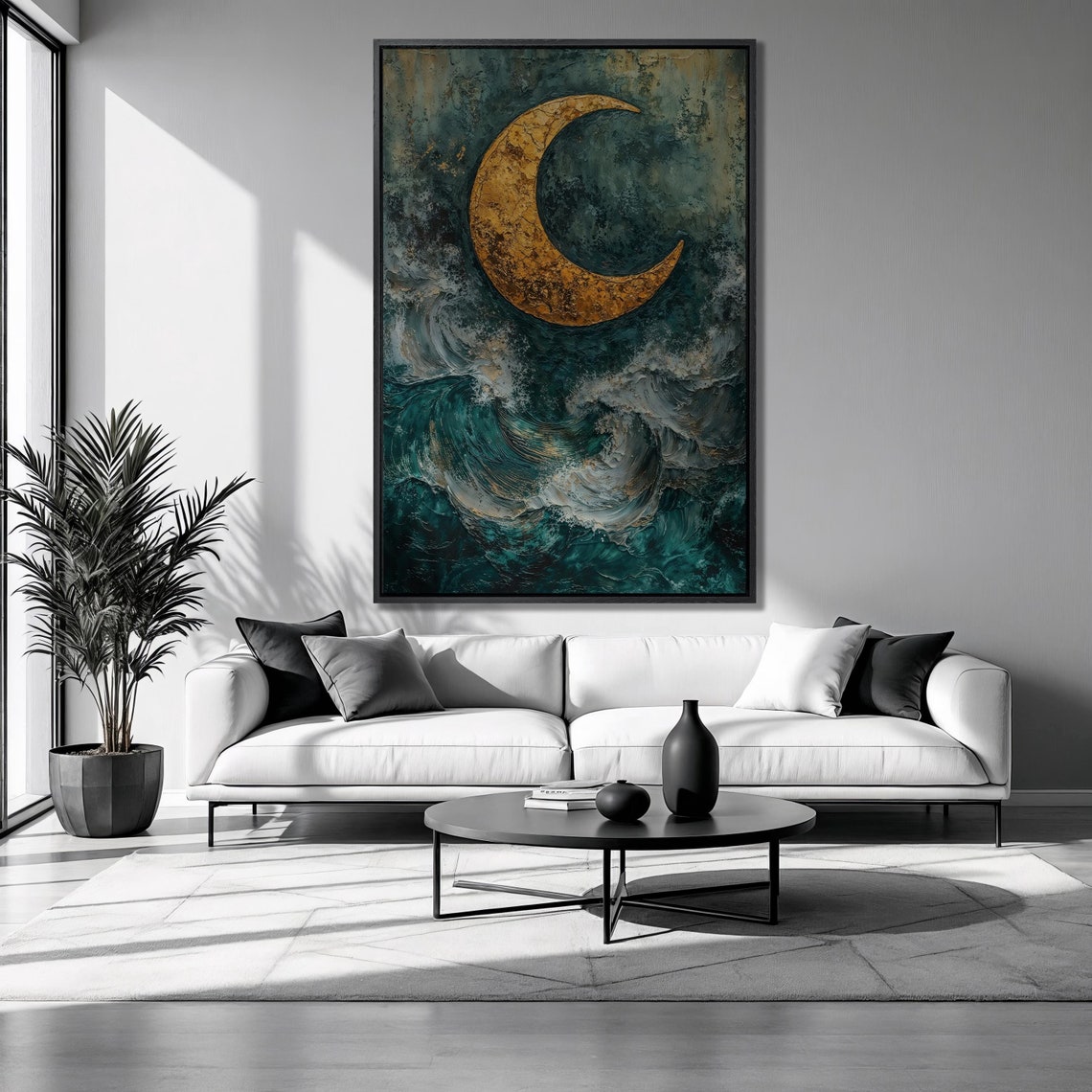 Golden Crescent Moon Teal Ocean Waves Celestial Nautical Wall Art