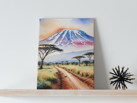 Mount Kilimanjaro Watercolor Art Canvas African Decor Wall Print Tanzania Nature Landscape Safari Kili Africa Colorful