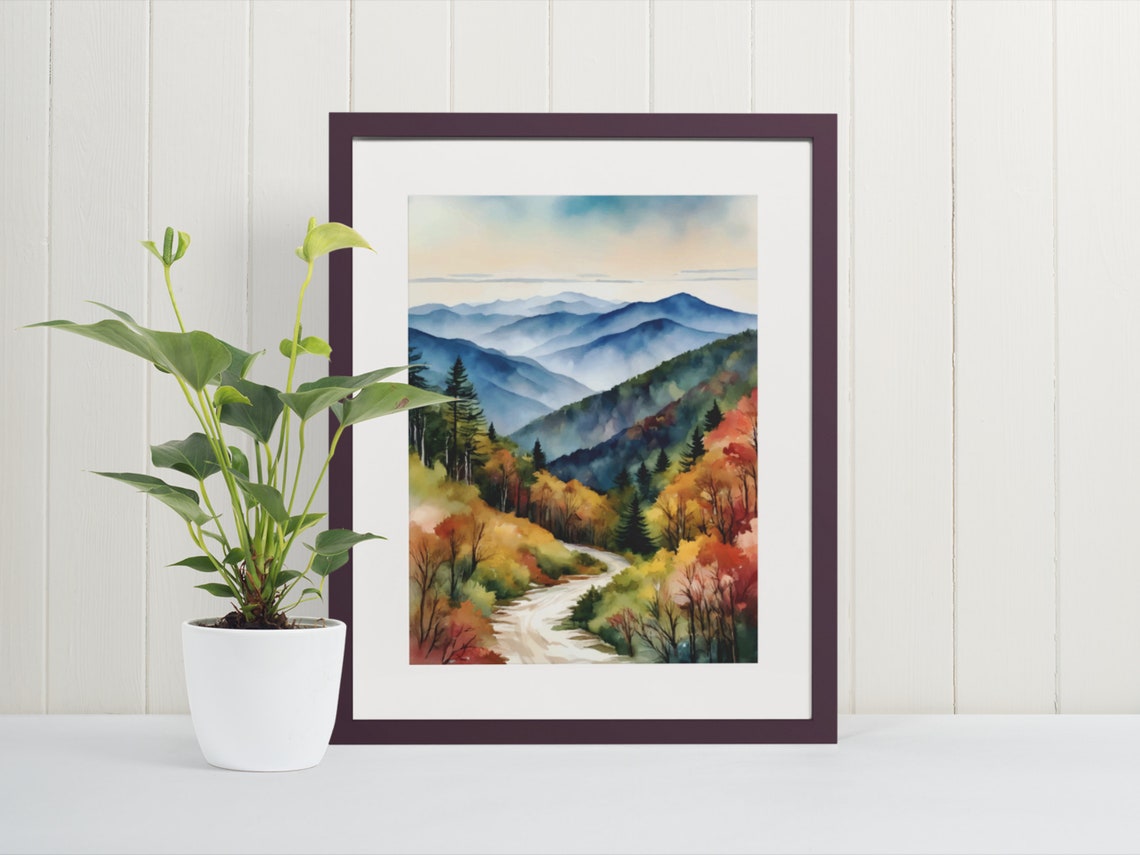 Smoky Mountain Misty Blue Ridge Watercolor Landscape Art Poster