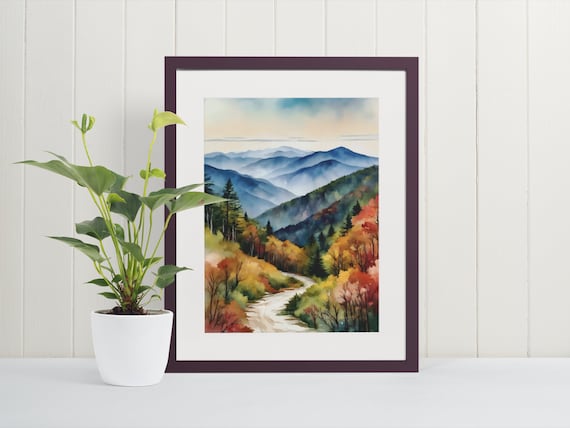 Smoky Mountain Misty Blue Ridge Watercolor Landscape Art Poster