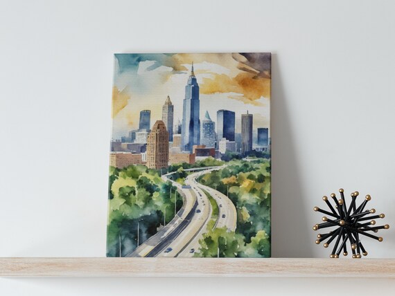 Atlanta Skyline Watercolor Georgia City Highway Green Trees Poster