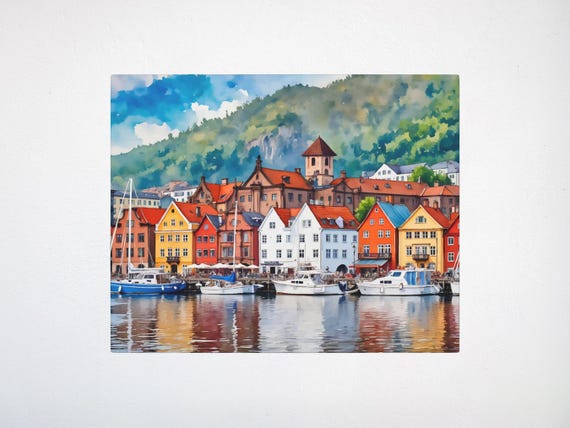 Bergen Watercolor Art Canvas Norway Europe City Print Souvenir Bryggen Wall Travel Lover Gift