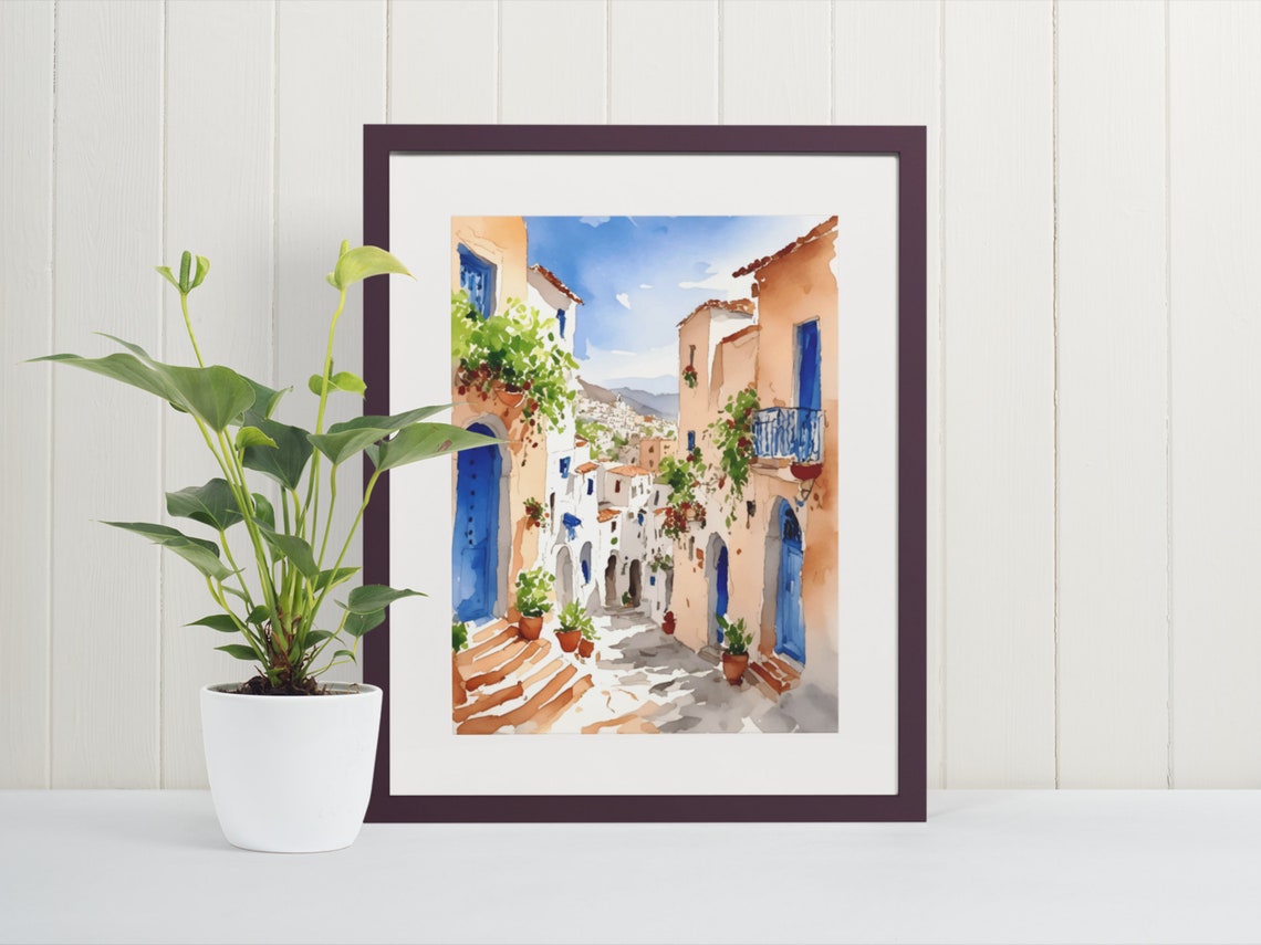 Mykonos Greece Watercolor Old Town Alley With Blue Doors Poster