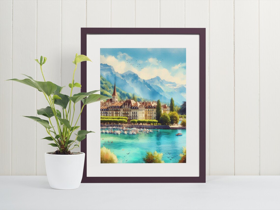 Lake Geneva Switzerland Watercolor Alpine Harbor Town Mountain Print