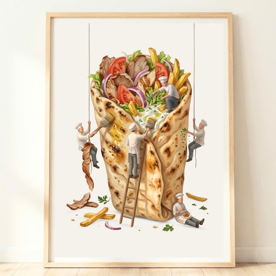 Giant Greek Gyros Miniature Chefs Whimsical Kitchen Wall Art