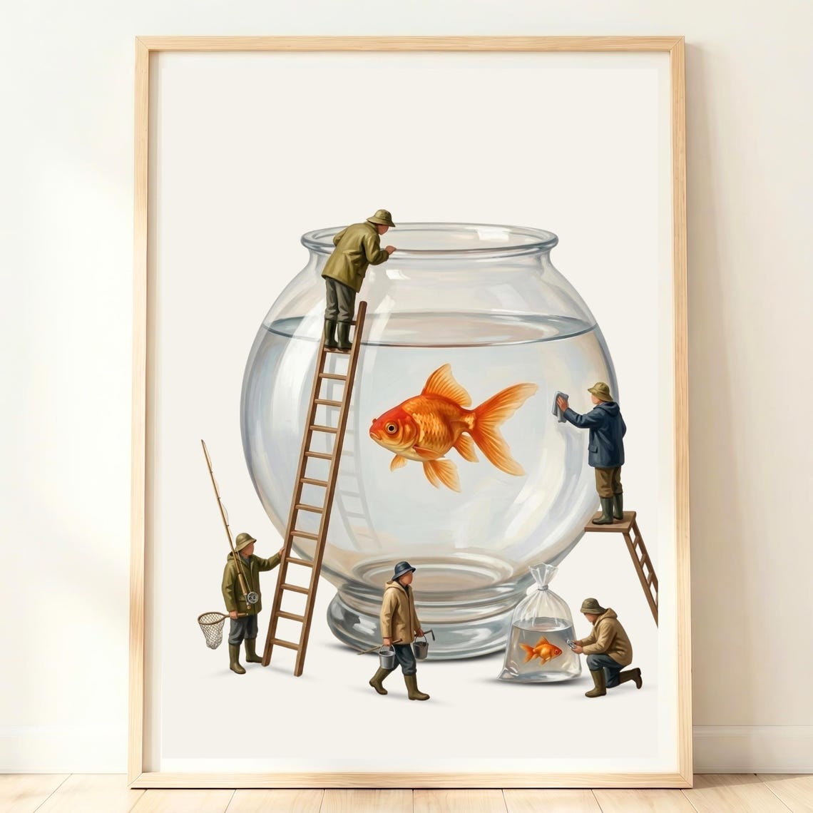 Tiny Fishermen With Giant Goldfish Bowl Whimsical Lake House Poster