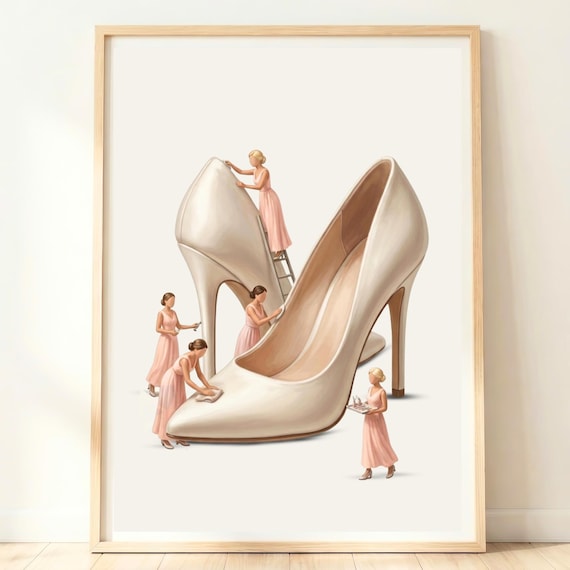 Whimsical Wedding Decor Shoes Art Bridal Dressing Room White Heels Print Bride Fashion Artwork Elegant