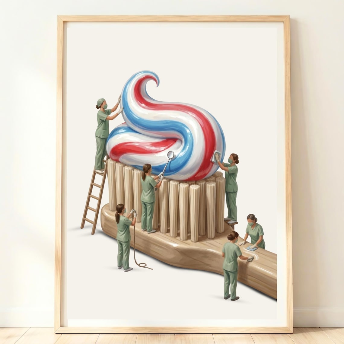 Giant Toothbrush Striped Toothpaste Tiny Dentists Funny Bathroom Poster