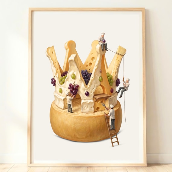Giant Cheese Crown With Grapes Tiny Chefs Whimsical Kitchen Art Print