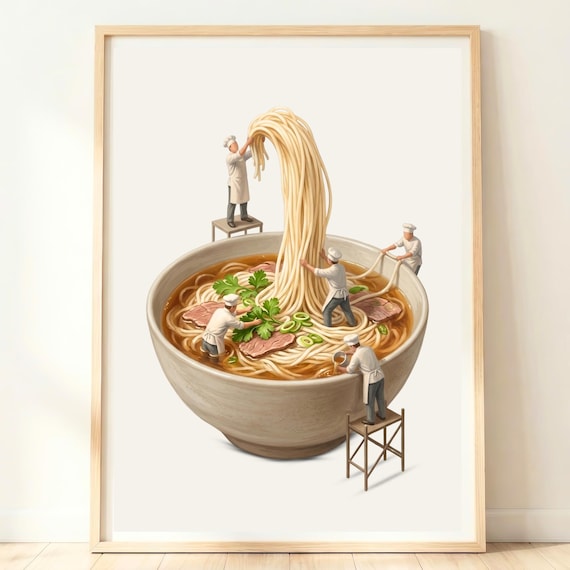 Giant Bowl Of Pho With Tiny Chefs Lifting Noodles Vietnamese Poster