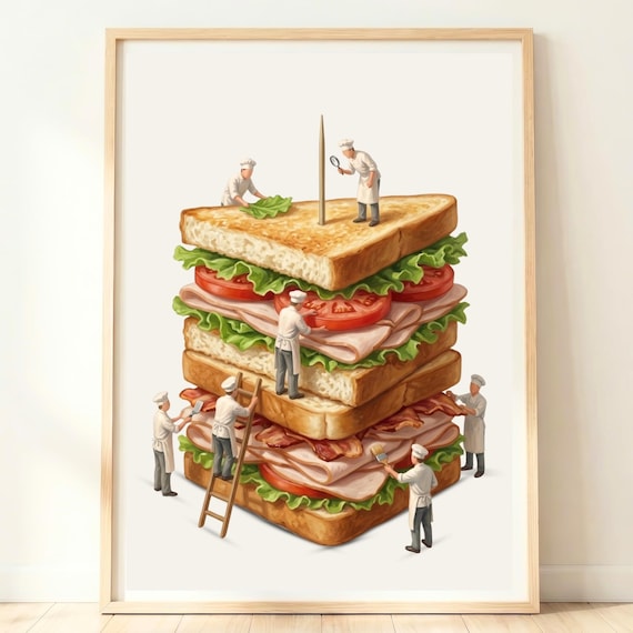 Tiny Chefs Building Giant Turkey Bacon Club Sandwich Whimsical Poster