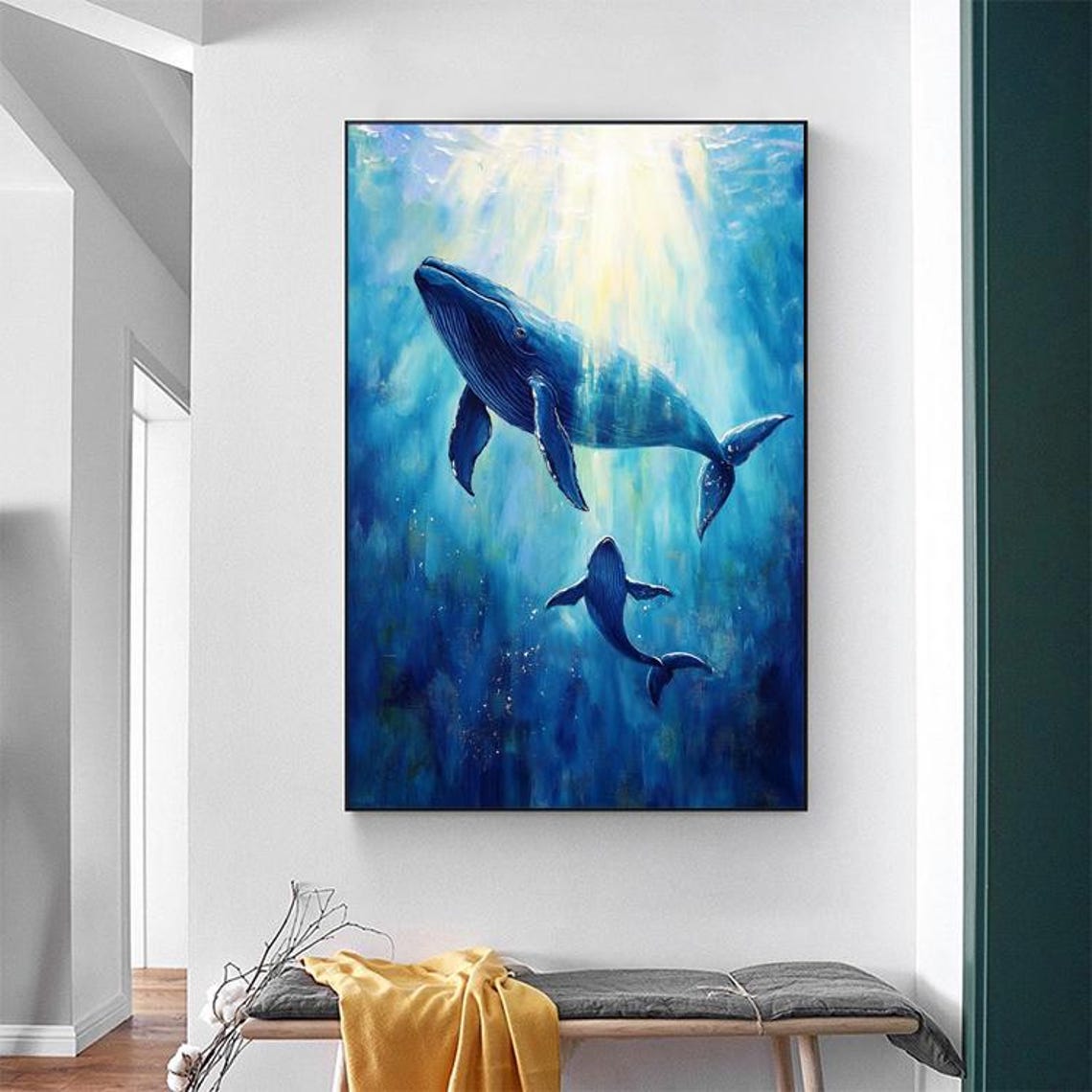 Two Blue Whales Swimming In Sunlit Deep Blue Ocean Vertical Art Poster - Image 6