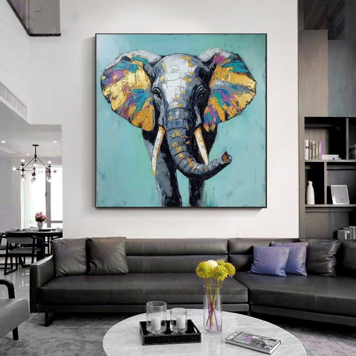 Wise Elephant Portrait With Paint Splashed Colorful Ears Square Poster - Image 2