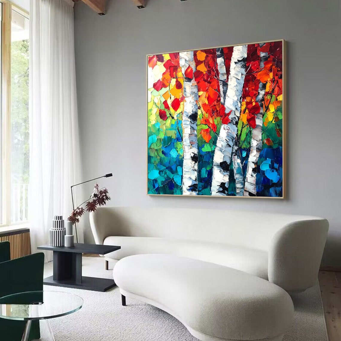 Colorful Autumn Birch Trees Thick Impasto Hand Painted Oil Art Poster - Image 2