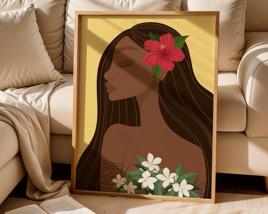 Filipina Woman Hibiscus Sampaguita Flowers Golden Yellow Art Poster