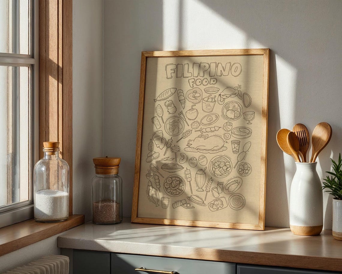 Filipino Food Illustrated Line Art Guide Beige Kitchen Print