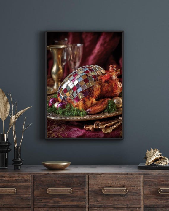 Disco Turkey Thanksgiving Print Funny Glitter Food Art