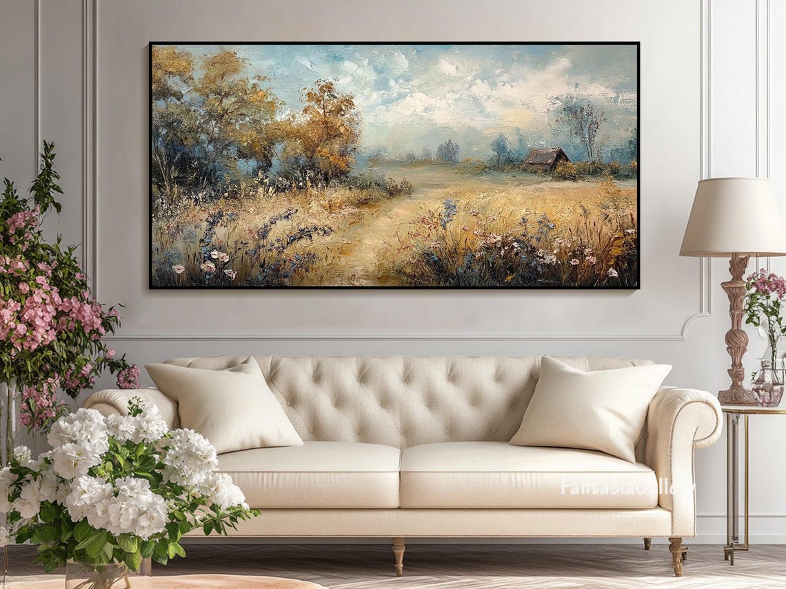 Wildflower Meadow Dirt Path Rustic Barn Impressionist Oil Painting - Image 4