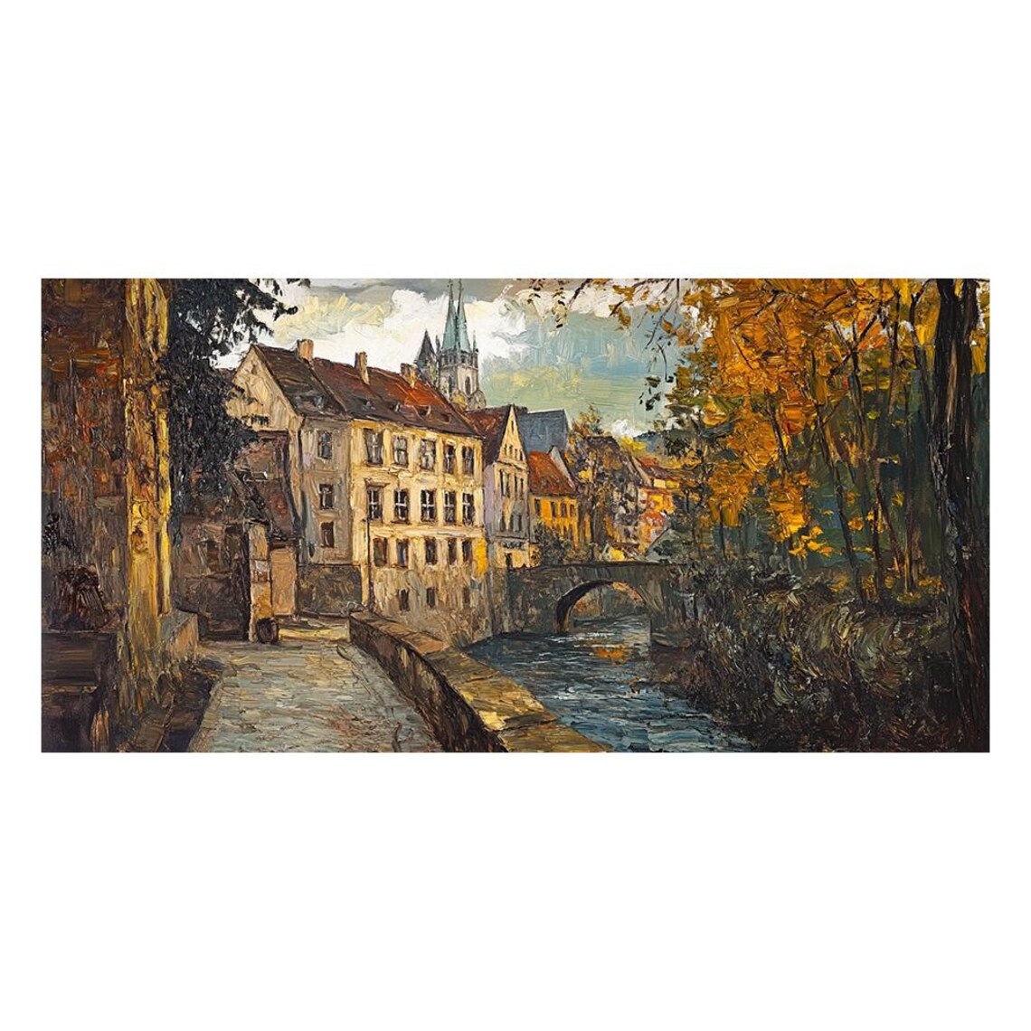 European Old Town Riverside Autumn Impasto Oil Painting Landscape Art - Image 4