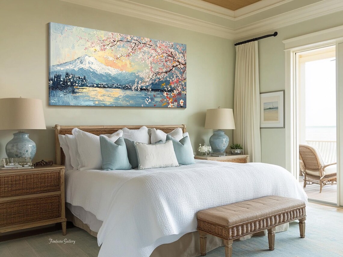 Pink Cherry Blossom Mountain Oil Painting Art Print - Image 2