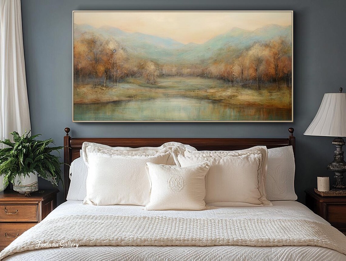 Misty Mountain Lake Dawn Tranquil Minimalist Oil Painting Wall Art - Image 2