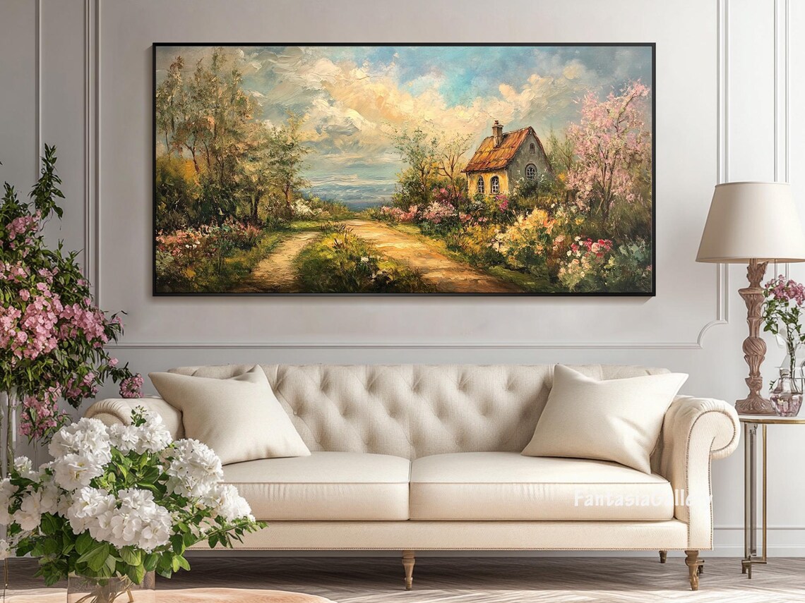 Country Cottage Garden Path Blooming Flowers Oil Painting Landscape - Image 3
