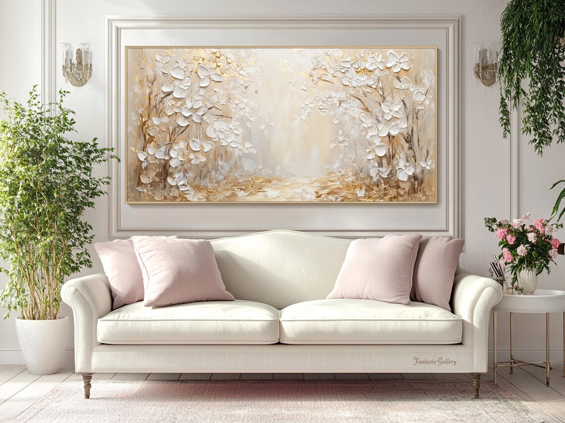 White Blossoms Gold 3D Textured Floral Abstract Oil Painting Wall Art - Image 4