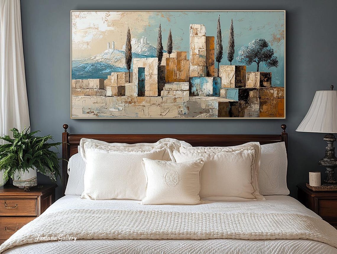 Abstract Tuscan Stone Village With Cypress Textured Wall Art Print - Image 3