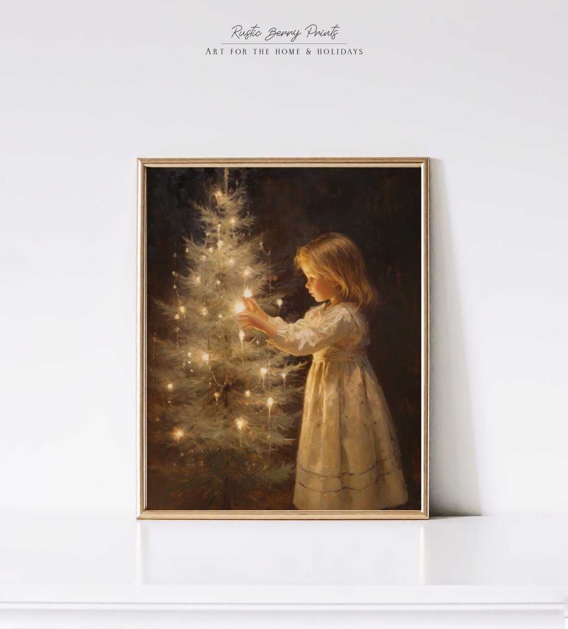 Little Girl Decorating Glowing Christmas Tree Vintage Style Art Print